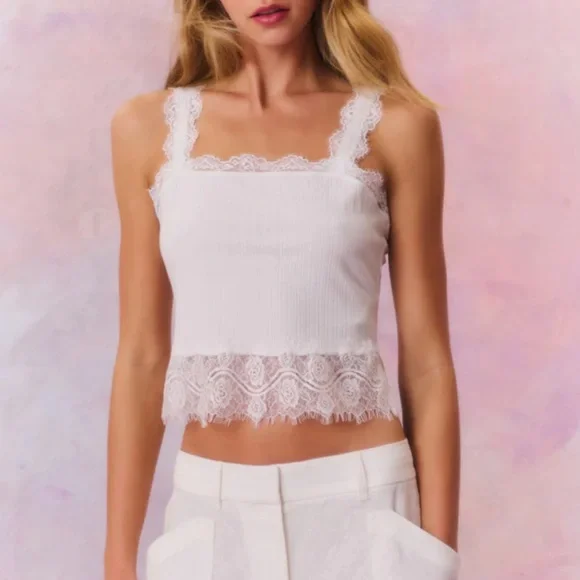 LoveShackFancy Septa Ribbed Knit Lace Cami WhiteNWT